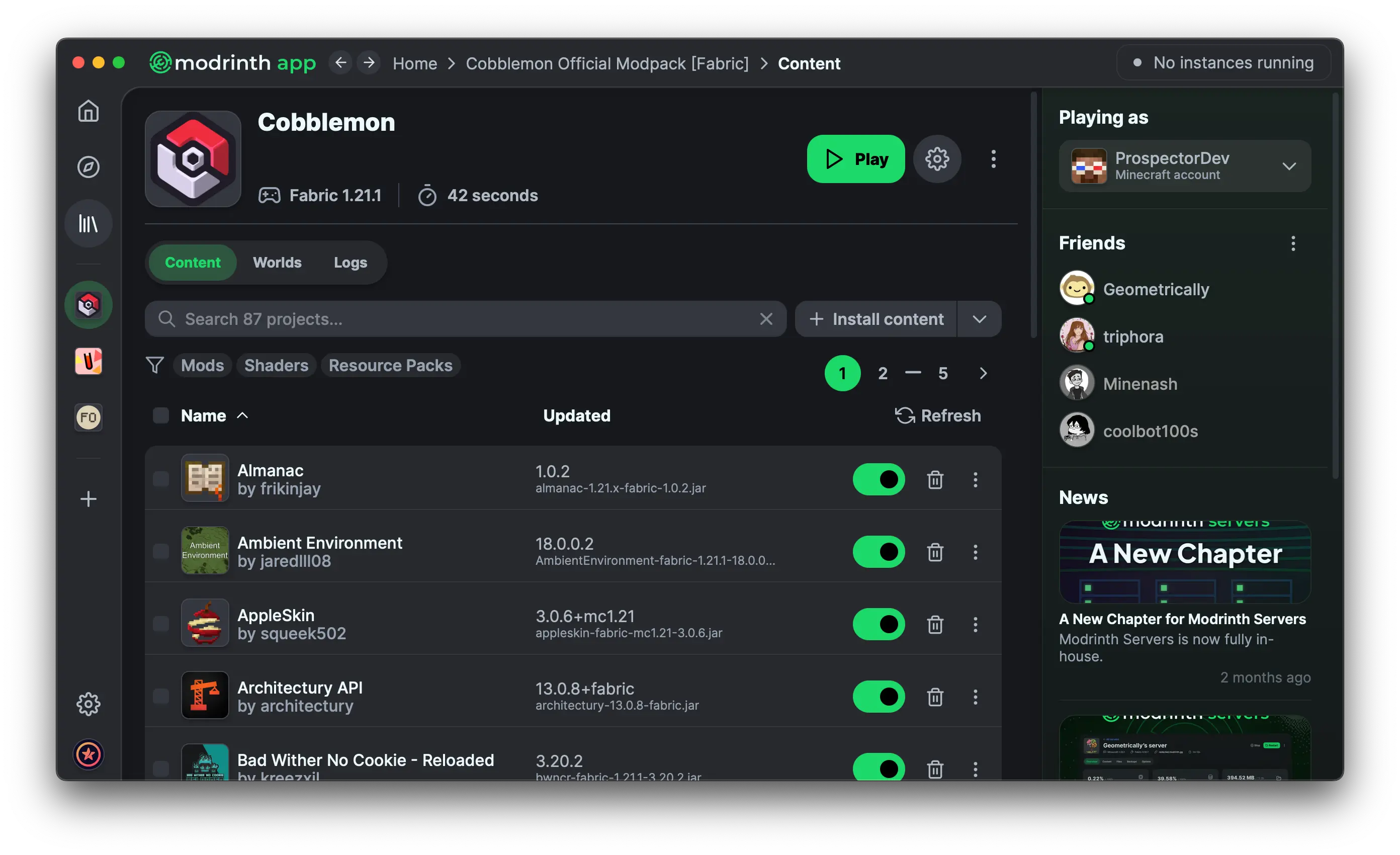 The Modrinth App playing Cobblemon for Fabric